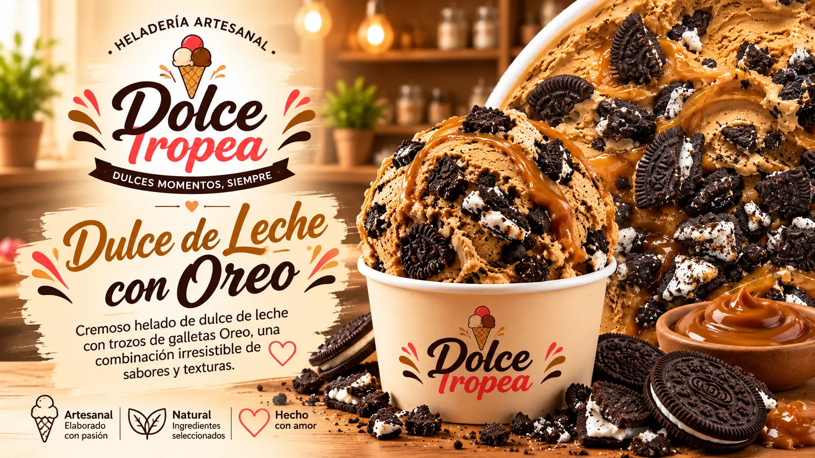 Helado artesanal de Dulce de leche con Oreo