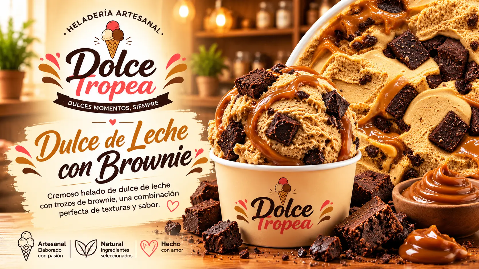 Helado artesanal de Dulce de leche con brownie