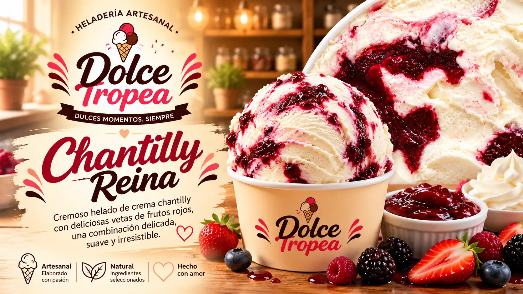 Helado artesanal de Chantilly Reina de frutos rojos