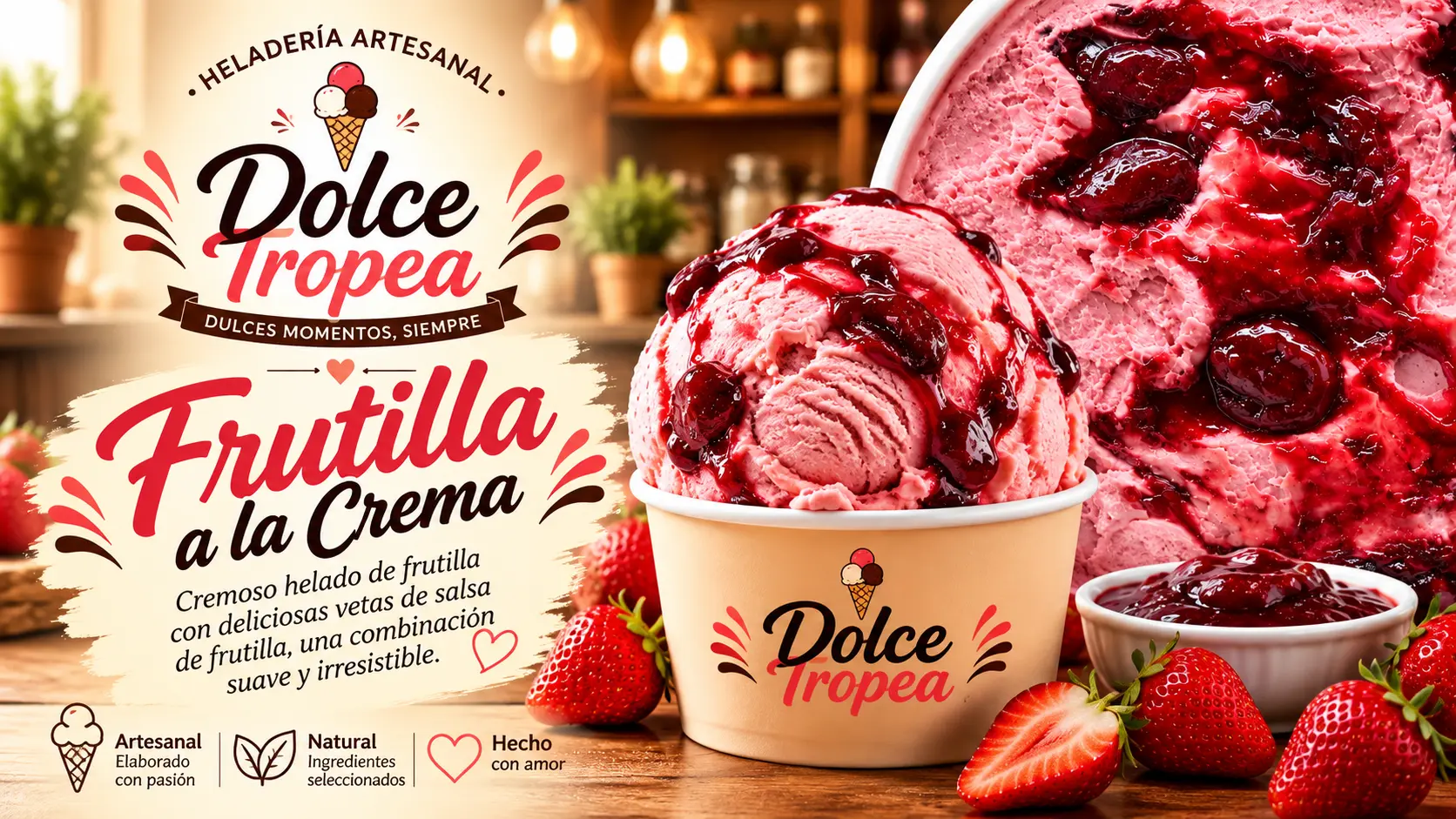Helado artesanal de Frutilla a la crema